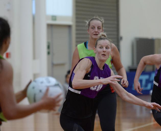 Silver Ferns defender Katrina Grant (front and centre) in action at the Edgar Centre last night....