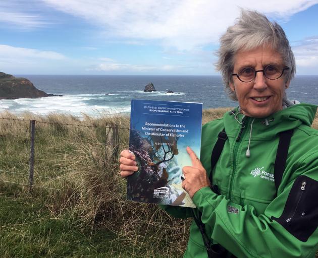 Forest & Bird Otago-Southland regional manager Sue Maturin holds the South-East Marine Protection Forum recommendations at the Sandfly Bay Wildlife Refuge, coastline of which is part of a proposed marine reserve. PHOTOS: SHAWN MCAVINUE