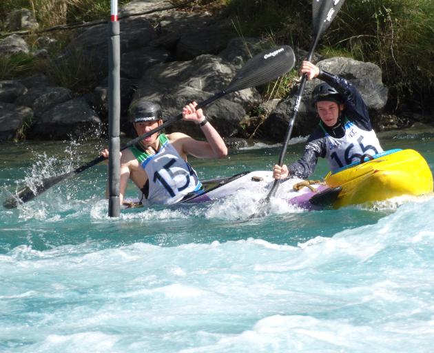 battling it out in the extreme slalom competition are James Suddaby (left) of Mount Aspiring College and Lewis Groos of Tauranga Boys College. Photo: Sean Nugent