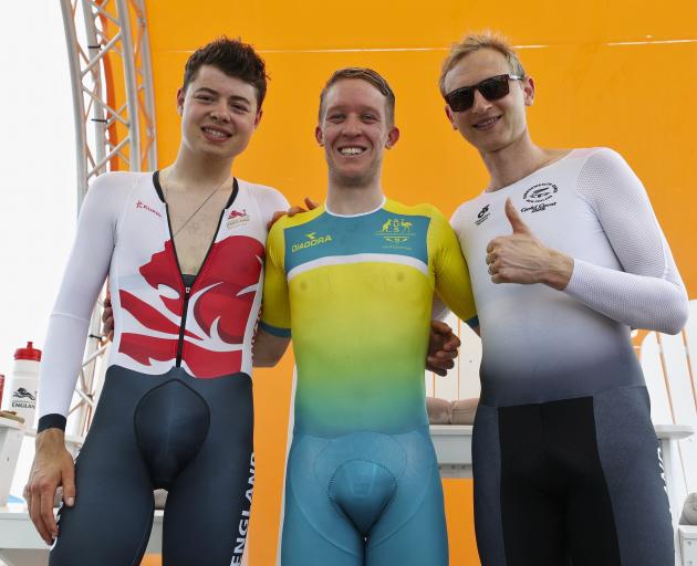 The Australians still have some work to do to make their Commonwealth Games cyclists' outfits a little more demure. Harry Tanfield (left) of England, and Kiwi Hamish Bond are probably relieved they don't have to wear the kind of revealing gear Cameron Mey