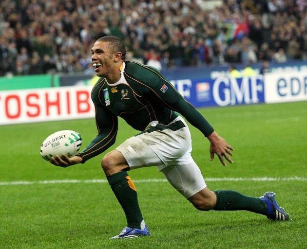 Bryan Habana celebrates the second of two tries for the Springboks in a famous performance...