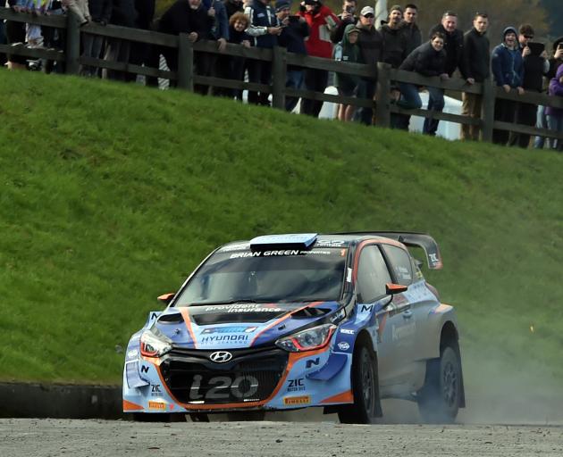 Hayden Paddon and John Kennard in action on Special Stage 9 in Dunedin. Photo: Gregor Richardson