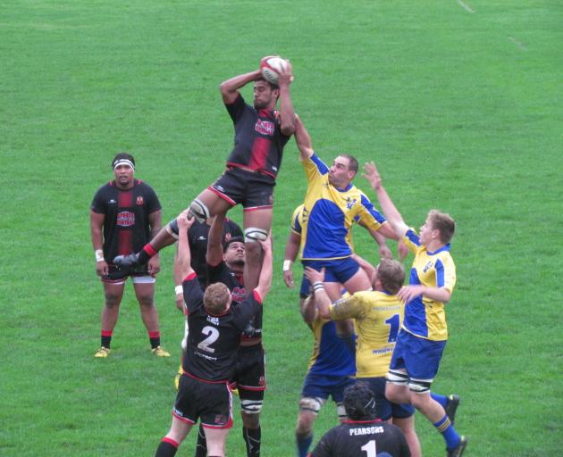 Old Boys and Valley players contest a lineout during the Citizens Shield game in Oamaru today....