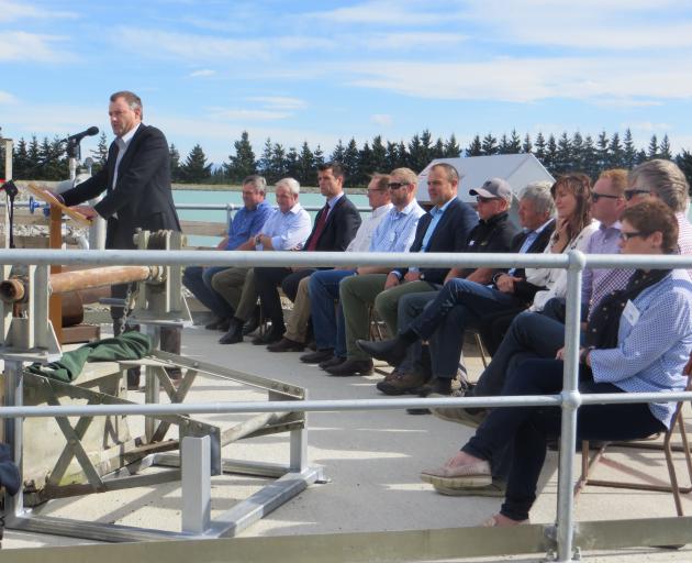 Ashburton Lyndhurst Irrigation Ltd board of directors chairman Colin Glass addresses the crowd at the official opening of the ALIL Pipe Scheme. Photo: Toni Williams