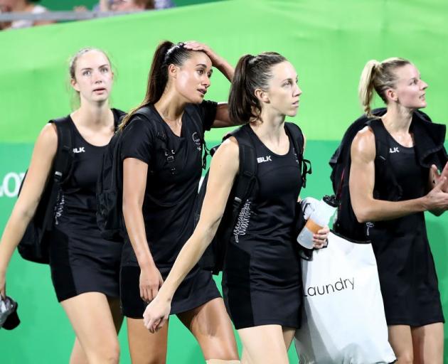 Silver Ferns' Kelly Jury, Maria Folau, Bailey Mes and Katrina Grant leave the stadium after their...