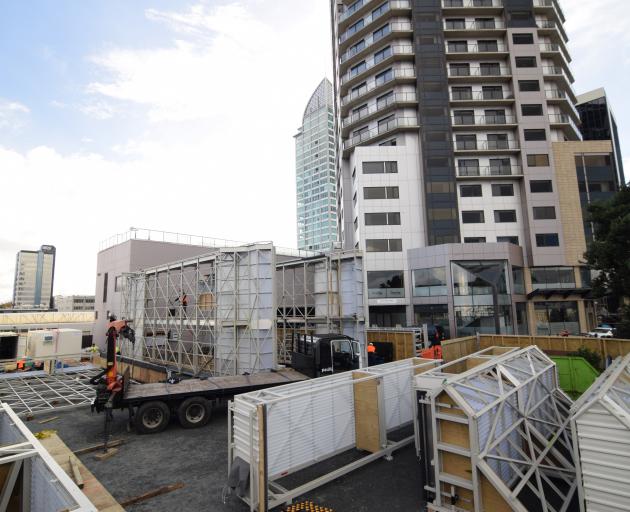Farra Engineering's first high-rise-climbing work platform is assembled in Auckland yesterday. Photo: Supplied