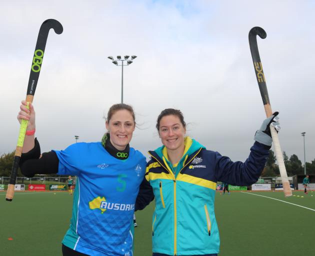Australian national women's hockey team members Ashlee Wells and Karri McMahon get ready for the Tri Nations tournament in Cromwell. Photo: Tom Kitchin