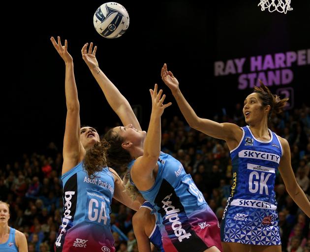 Te Paea Selby-Rickit (left) and Jennifer O'Connell, of the Steel, compete with Phoenix Karaka of...