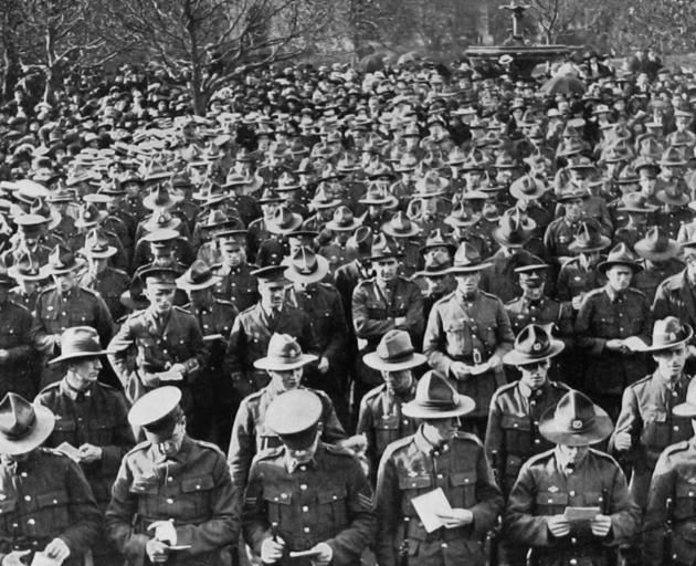 The scene in the Queen's Gardens, Dunedin, on Anzac Day, showing the gathering of returned troops. - Otago Witness, 1.5.1918. 