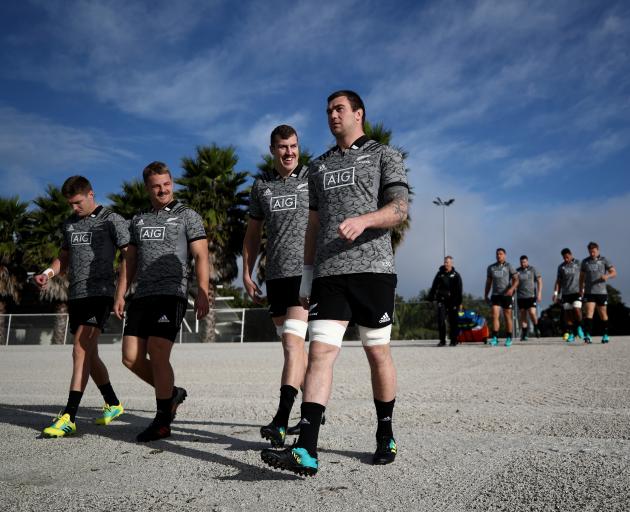 (L-R) Jordie Barrett, Sam Cane, Brodie Retallick and Liam Squire arrive for an All Blacks...