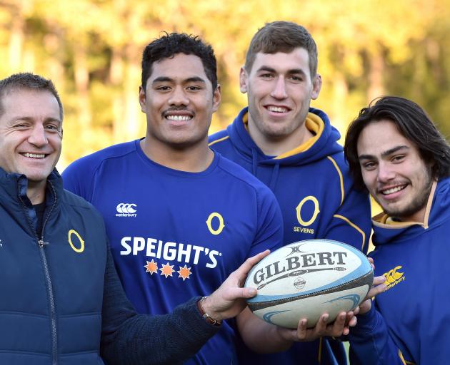 Otago rugby coach Ben Herring (left) pictured with new players Sione Misiloi, Josh Larsen and...