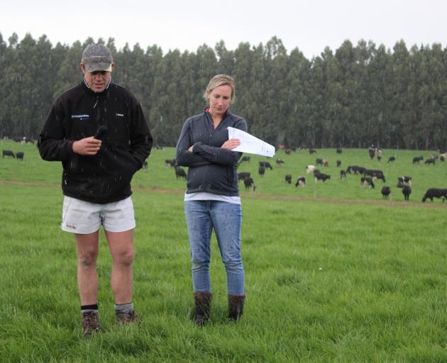 Southland Ballance Farm Environment Award supreme winners Ryan and Abby Moseby talk about converting their farm to dairy at their field day recently. Photo: Nicole Sharp