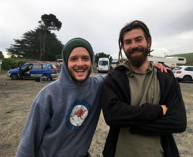 German freedom campers Marc Hasler (left) and Danny Sumpter prepare to depart from the Ocean View Recreation Reserve in Dunedin last week. PHOTO: SHAWN MCAVINUE