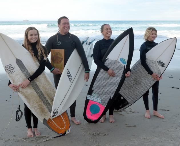 South Coast Boardriders surfers Anika Ayson (14), Duan Reardon, Tash Civil and Luke Rogers (13)...