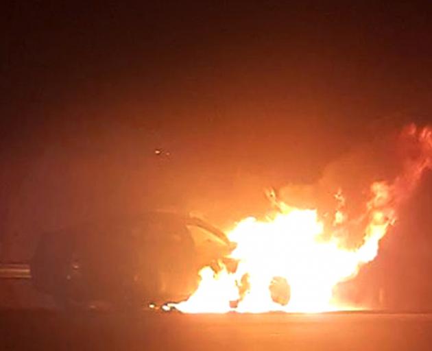 Emergency services were called to this car on fire on the Southern Motorway on Sunday evening....