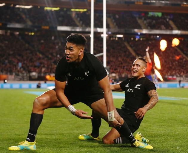 Rieko Ioane celebrates with Aaron Smith. Photo: Getty Images