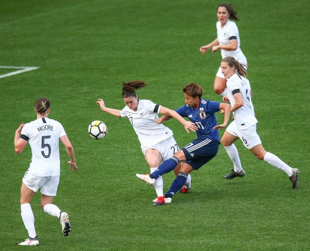 Mina Tanaka of Japan strikes against a lacklustre Football Ferns defence. Photo: Getty Images