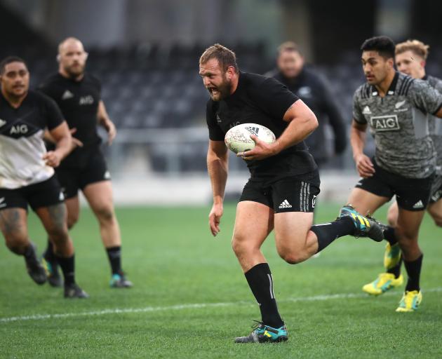 Joe Moody runs with the ball during an Al Blacks training session at Forsyth Barr Stadium...