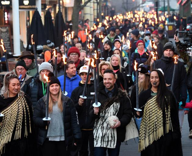 Leading the Matariki Torchlight Procession along Queenstown Mall to the waterfront are (from left...