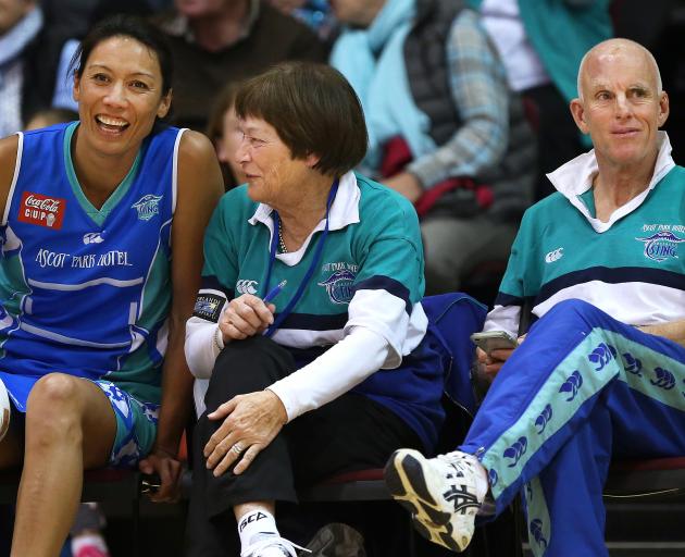 Former Southern Sting player Bernice Mene (left), coach Robyn Broughton and physio Neil Familton...