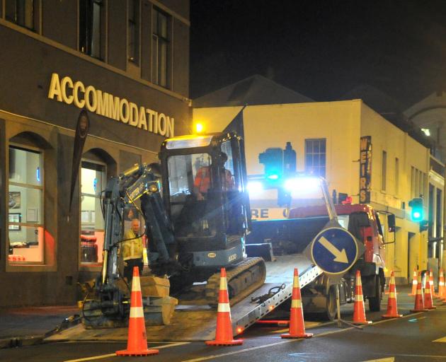 Workers begin construction on Dunedin's bus hub in Great King St yesterday. Photo: Christine O...