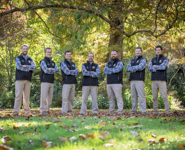 FMG Young Farmer of the Year finalists (from left) Logan Wallace, Daniel Bradbury, Patrick Crawshaw, Andrew Wiffen, Josh Cozens, Cameron Black and Will Taylor are putting it all on the line in the grand final, which starts tomorrow in Invercargill. Photo: