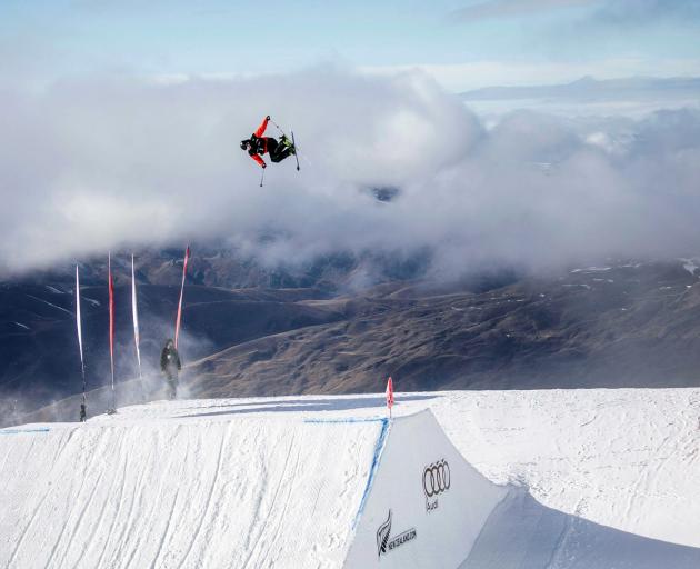 Norwegian freeskier Birk Ruud goes huge during the junior world championships big air qualifying...