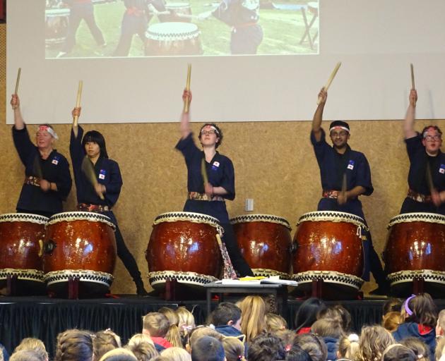 O-Taiko Japanese drummers perform at Remarkables Primary School in Queenstown yesterday. PHOTO...