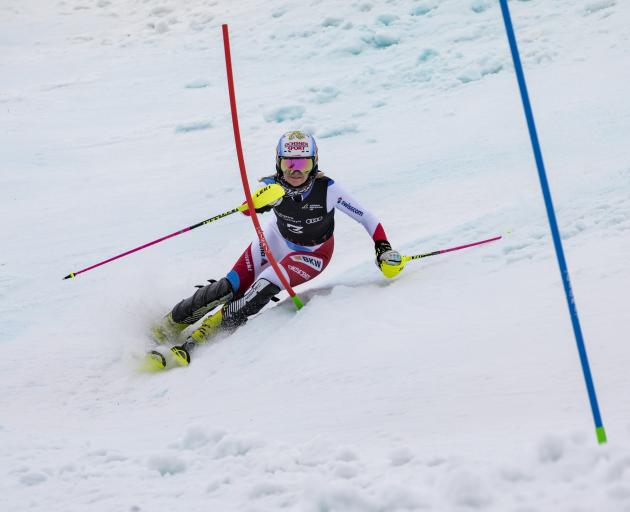 Charlotte Chable, of Switzerland, powers her way down the slopes of Coronet Peak yesterday to win the women's slalom. Photo: Neil Kerr/Winter Games NZ