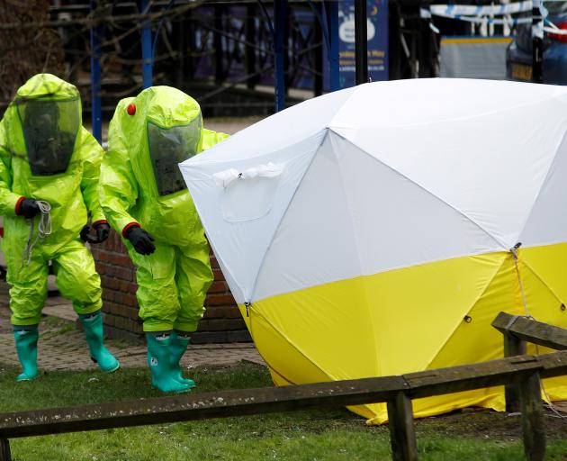 The forensic tent, covering the bench where Sergei Skripal and his daughter Yulia were found, is...