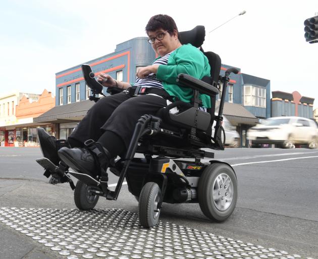 South Dunedin woman Fiona Russell said the kerb-cutting at the Cargill's Corner intersection is dangerous, and puts people who use wheelchairs in danger of being hit by a turning vehicle. Photo: Stephen Jaquiery