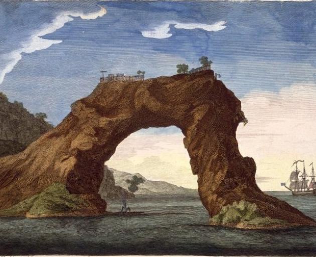 An engraving by Sydney Parkinson, 1745-1771, of the arched rock at Mercury Bay (which has since collapsed), with a small canoe beneath it and the Endeavour at anchor. The palisades and some buildings of the pa (Te Puta o te Paretauhinu) on top of the rock