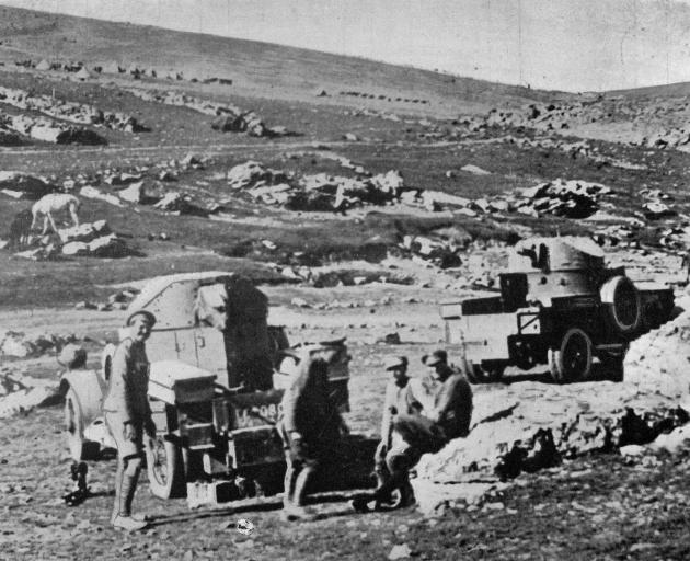 Two of the Allied armoured cars operating in Arabia with the native tribesmen. - Otago Witness,...
