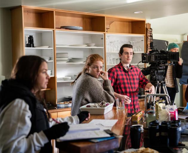 Filming a scene from web television series pilot Constance, on location in Wanaka in August, are (from left) producer Fiona Armstrong, co-writer and unit manager Tessa Livingston and crew member Jonathan Harris. Photo: Mickey Ross