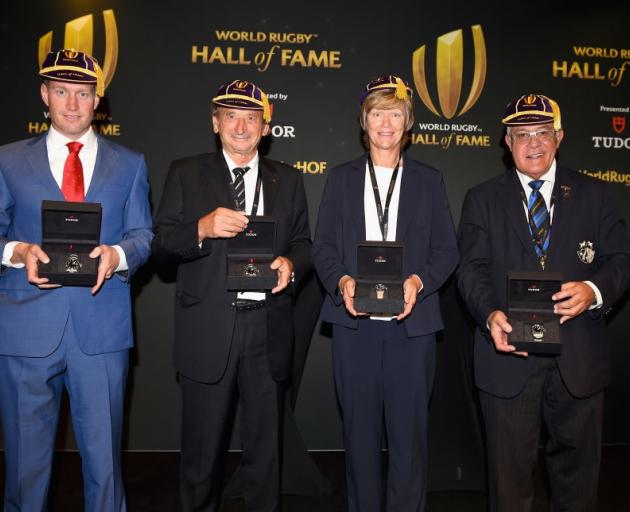 Ronan O'Gara, Pierre Villepreux, Liza Burgess and Bryan Williams after being inducted to World...