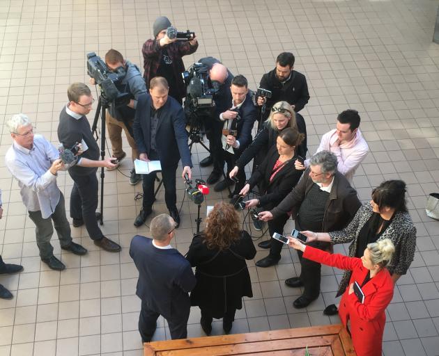 Clare Curran speaks to media at her electoral office in South Dunedin today. Photo: Stephen Jaquiery