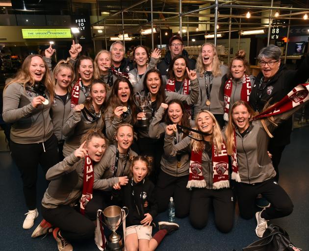 Dunedin Technical celebrating their Kate Sheppard Cup victory are:  back row (from left): Jade...