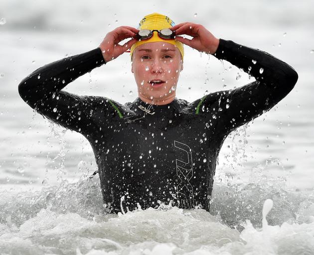 University of Otago student Hannah Morgan trains at St Kilda yesterday for her swim across...