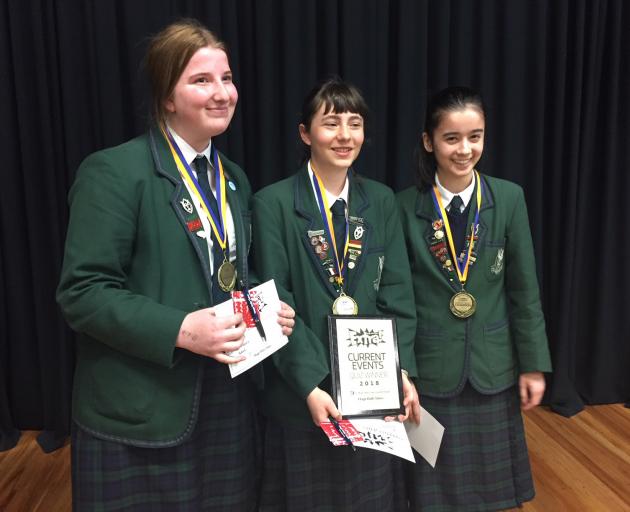 Winners of the Otago Daily Times Extra! years 9 and 10 current events quiz (from left) Georgia...