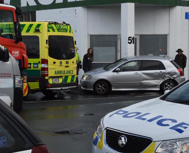 Emergency services at the scene of a crash in South Dunedin, Photo: Stephen Jaquiery 