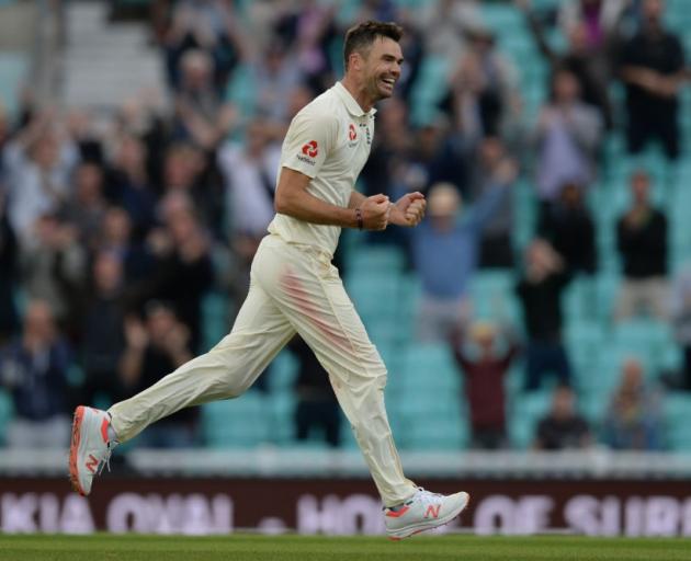 James Anderson celebrates passing Glenn McGrath's most wickets by a fast bowler mark in test...