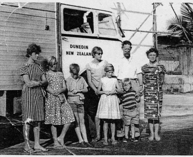 MacLeod family overland vehicle Holdfast I, Bangkok 1963 (from left) Marilyn, Flora, young Alan,...