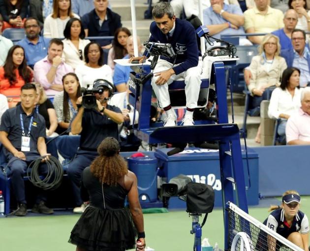 Serena Williams argues with Carlos Ramos during the US Open women's singles final. Photo: Getty...