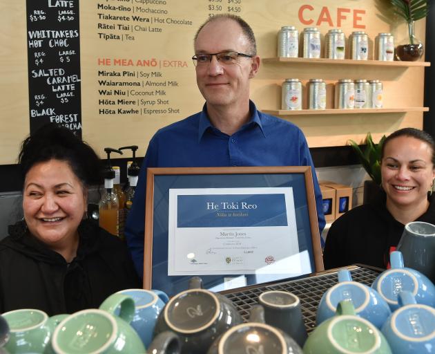 University of Otago council member Donna Matahaere-Atariki (left) with University Union operations manager Martin Jones and Ngai Tahu Kotai Mano Kaika team member Victoria Campbell. Photo: Gregor Richardson