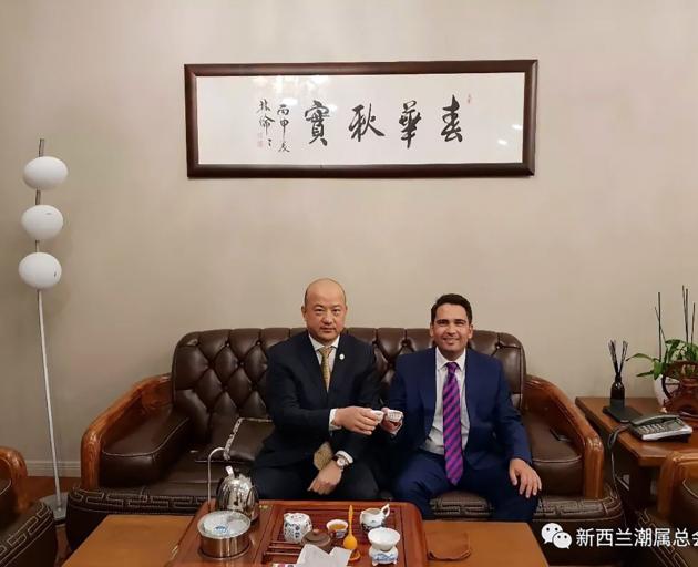 An image released yesterday by Jami-Lee Ross showing National leader Simon Bridges with Chinese businessman Yikun Zhang. Photo: Supplied