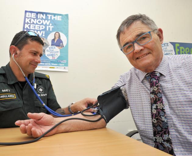 Dunedin Mayor Dave Cull has his blood pressure checked by St John volunteer ambulance officer Matt Herbert as part of Stroke Week. Photo: Gregor Richardson
