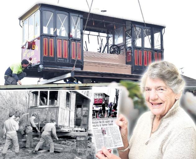Roslyn No 95 being lifted into its new Mornington home last week; Tramway Historical Society members jack up the cable car for removal from Waihola in 1969; and Margaret Inglis with an ODT story about the cable car in Christchurch yesterday. Photo: Christ