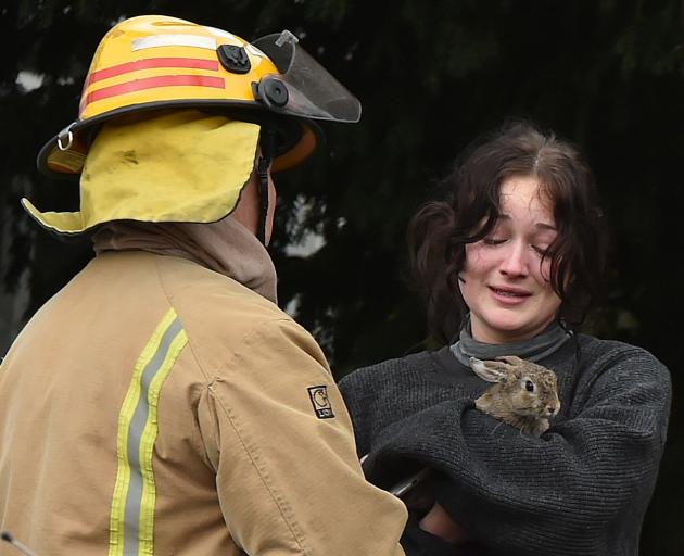 A woman clutches her rabbit after narrowly escaping a house fire in Dunedin yesterday morning. Photo: Gregor Richardson