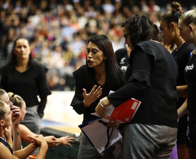 Silver Ferns coach Noeline Taurua, pictured stressing a point to her players during the Ferns' 55-44 win in Hamilton on Sunday, says the job against Australia tonight is to back up well. Photo: Getty Images