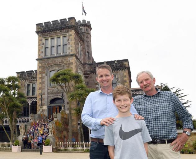 Descendants of Larnach Castle architect Robert Arthur Lawson, (from left) Rob, Sam and Jim Lawson, visited the castle yesterday. Photo: Stephen Jaquiery